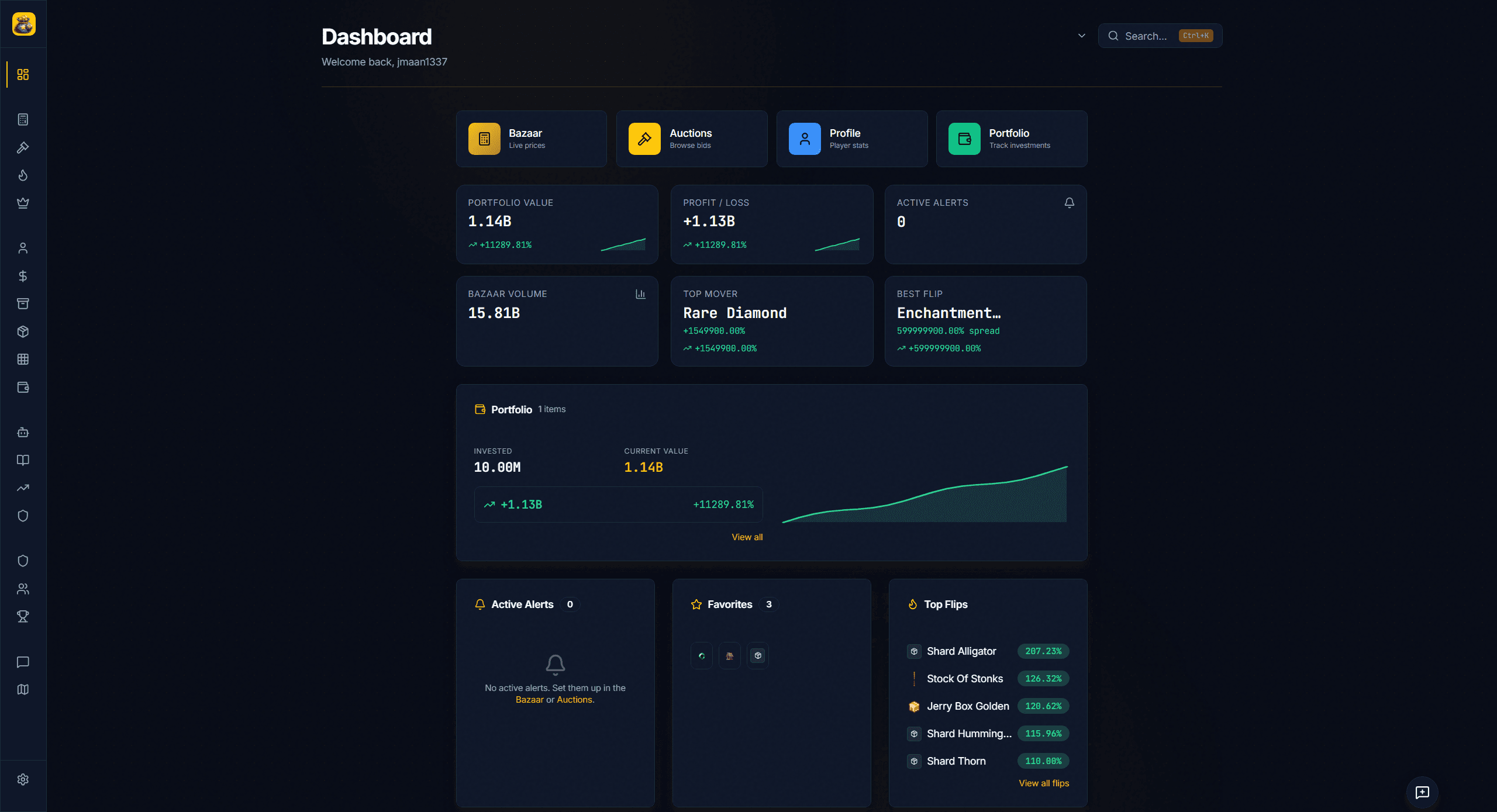 SkyTools Hypixel SkyBlock dashboard showing bazaar prices, player stats, and market tools